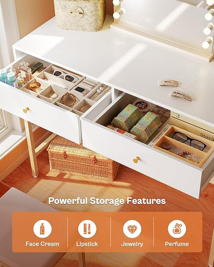 SUPERJARE 35.4" White and Gold Desk with 2 Drawers, Modern Makeup Vanity Desk with Padded Stool, Small Computer Desk Home Office Desk for Writing Study Bedroom - LeafyLoom