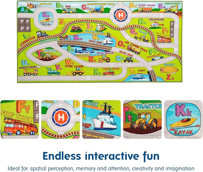 Booooom Jackson Train Car Mat for Kids Toy Cars,ABC Alphabet Car Rug for Kids To Play and Learn,Non Slip Car Play Rug for Boys Girls Room,Colorful Kids Rugs for Playroom Washable,Car and Train Playmat - LeafyLoom