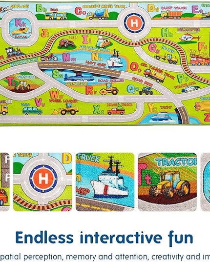 Booooom Jackson Large Kids Car Rug,Train Rug,ABC Alphabet Nursery Rug for Kids,Car Play Rug for Kids Playroom,Race Track Rug,Car Play Mat,Road Rug for Toddlers,Car Mat Car Carpet for Kids Room - LeafyLoom