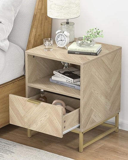 Anmytek Night Stand, Small Side Table, Sturdy Wood Nightstand with Storage Drawer and Shelf, Modern End Table Bedside Table with Polished Gold Handles for Bedroom, Dorm, Small Spaces H0054 - LeafyLoom