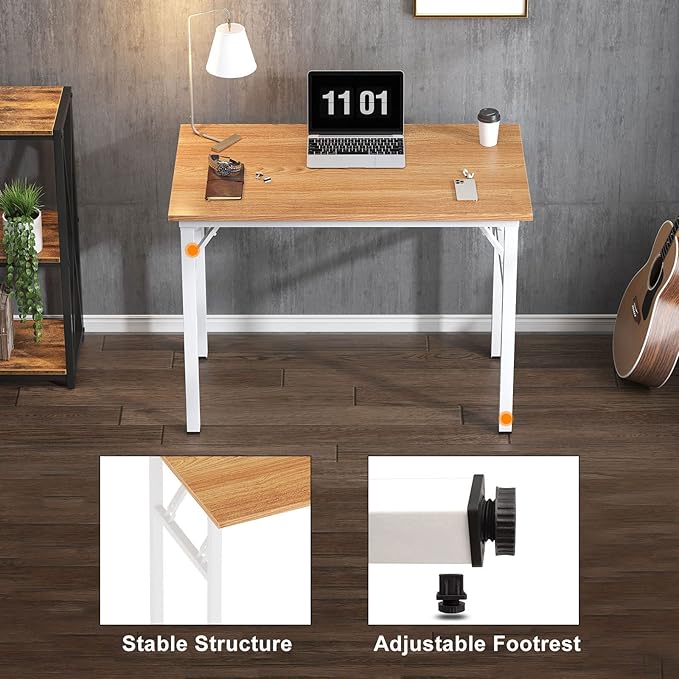 Need Small Computer Desk 31.5 inches Folding Table No Assembly Sturdy Small Writing Desk Folding Desk for Small Spaces, Teak & White AC5-8040-BW - LeafyLoom