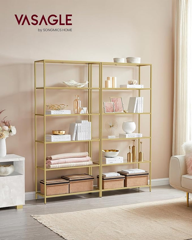 VASAGLE Bookcase, 6-Tier Bookshelf, Slim Shelving Unit for Bedroom, Bathroom, Home Office, Tempered Glass, Steel Frame, Metallic Gold ULGT503A01 - LeafyLoom