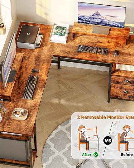 Furologee 66" L Shaped Computer Desk with Shelves, Reversible Corner Gaming Desk with File Drawer and Dual Monitor Stand, Large Home Office Desk Writing Study Table Workstation, Rustic Brown - LeafyLoom