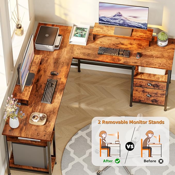 Furologee 66" L Shaped Computer Desk with Shelves, Reversible Corner Gaming Desk with File Drawer and Dual Monitor Stand, Large Home Office Desk Writing Study Table Workstation, Rustic Brown - LeafyLoom