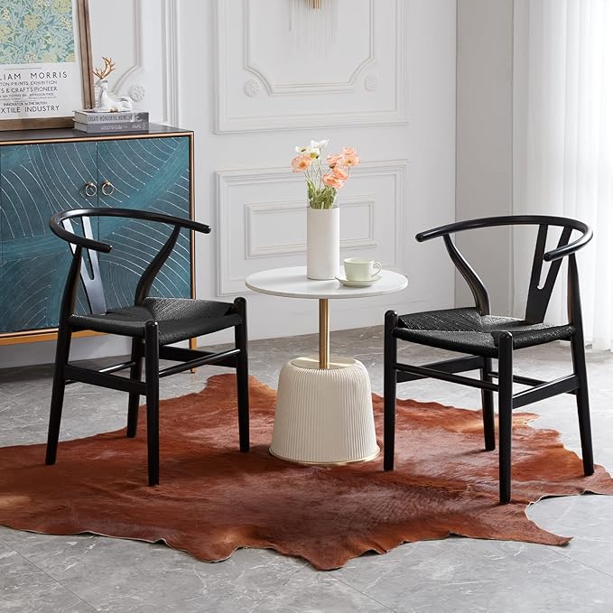 Farini Wishbone Chairs for Dining Room Solid Wood Rattan Chair Armchairs Y Shaped Backrest Hemp Seat for Home Restaurant Fully-Assembled(Set of 2,Black-Black Seat) - LeafyLoom