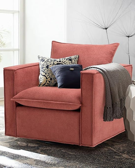 Swivel Accent Chair, 34 Inches Wide Upholstered Arm Chair with Plump Back Pillow, Modern Sofa Living Room Chair for Bedroom, Corner, Reading Nook-Red - LeafyLoom