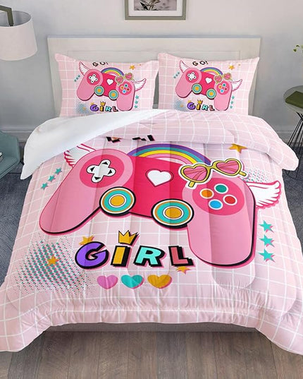 Datura home Bedding Comforter Set Pink Gamepad Printed Pattern Quilt with 1 and 2 Pillowcases for Girls Bedroom All Season(Pink Queen) Queen 90x90inches - LeafyLoom