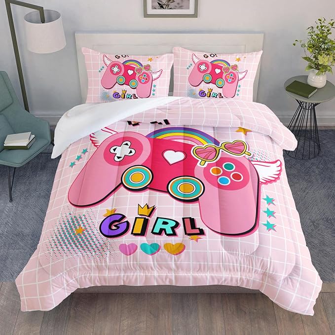 Datura home Bedding Comforter Set Pink Gamepad Printed Pattern Quilt with 1 and 2 Pillowcases for Girls Bedroom All Season(Pink Queen) Queen 90x90inches - LeafyLoom