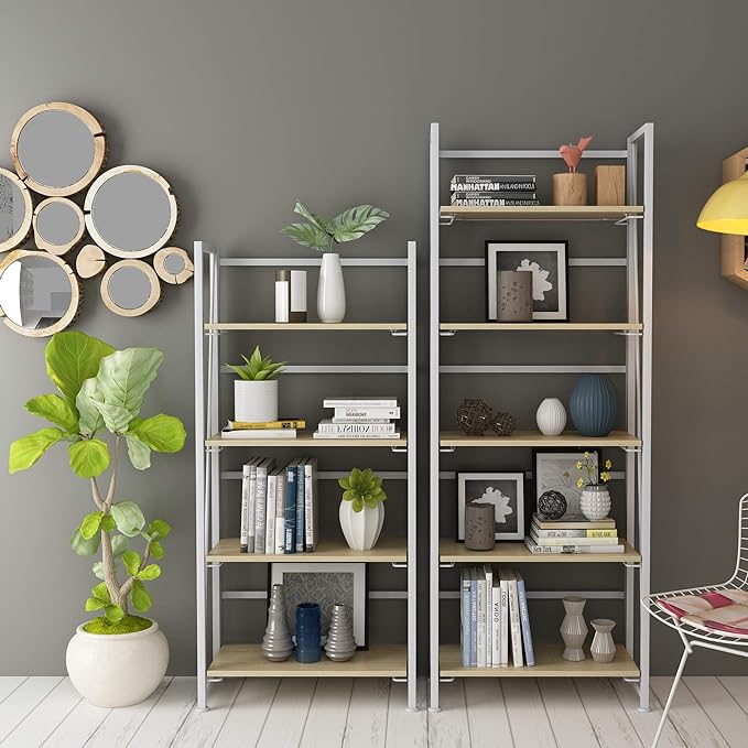 No-Assembly Folding Bookshelf Storage Shelves 5 Tiers Vintage Multifunctional Plant Flower Stand Storage Rack Shelves Bookcase for Home Office(White) - LeafyLoom