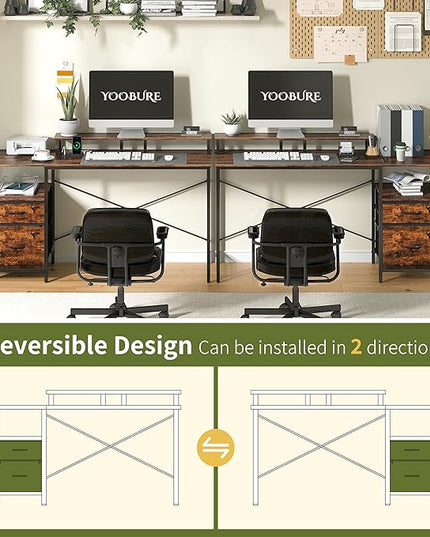Yoobure Computer Desk, Office Desk with LED Lights & Power Outlets, Gaming Desk with Fabric File Cabinet, 55.1" Home Office Desks， Writing Desk with Drawers, Computer Table with Long Monitor Stand - LeafyLoom