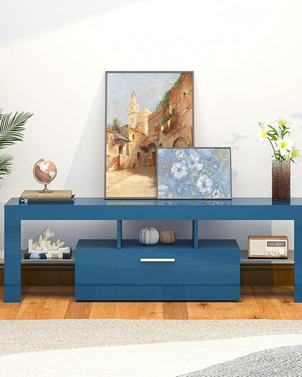Clikuutory Blue LED TV Stand with Large Storage Drawer for 32 40 50 55 Inch TVs, Modern High gloss TV Console Table with Entertainment Center for Living Room, Bedroom, Blue - LeafyLoom