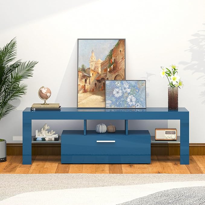 Clikuutory Blue LED TV Stand with Large Storage Drawer for 32 40 50 55 Inch TVs, Modern High gloss TV Console Table with Entertainment Center for Living Room, Bedroom, Blue - LeafyLoom