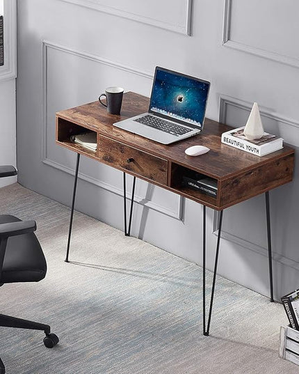 VECELO 39.3" Home Office Work Table with Drawers Computer Desk Writing/Study, 39 Inch Hairpin Legs, Retro Brown - LeafyLoom