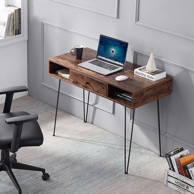 VECELO 39.3" Home Office Work Table with Drawers Computer Desk Writing/Study, 39 Inch Hairpin Legs, Retro Brown - LeafyLoom
