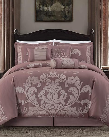 Chezmoi Collection 7-Piece Jacquard Floral Comforter Set (California King, Woodrose/Gray) - LeafyLoom