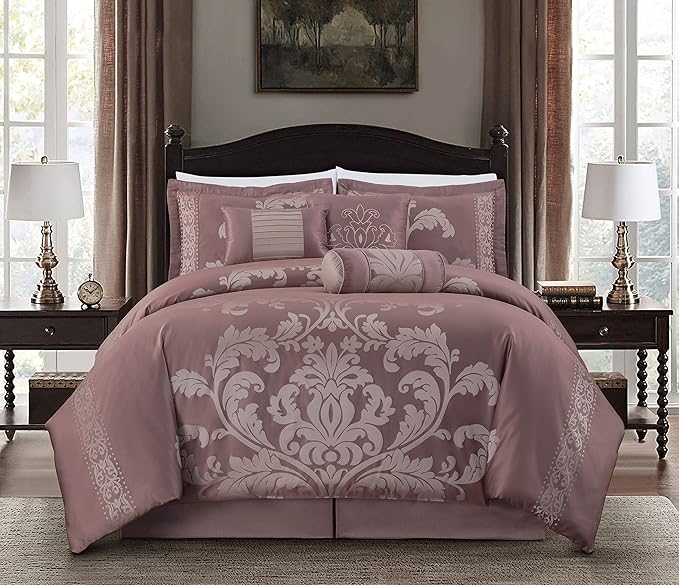 Chezmoi Collection 7-Piece Jacquard Floral Comforter Set (California King, Woodrose/Gray) - LeafyLoom