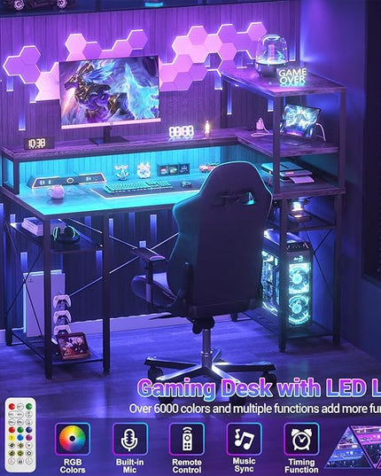 Cyclysio Gaming Desk with LED Light, 47 inch Computer Desk with Storage Shelves, Adjustable Home Office Desk with Power Outlets, Computer Gaming Desk with Long Monitor Stand for Small Space, Grey - LeafyLoom