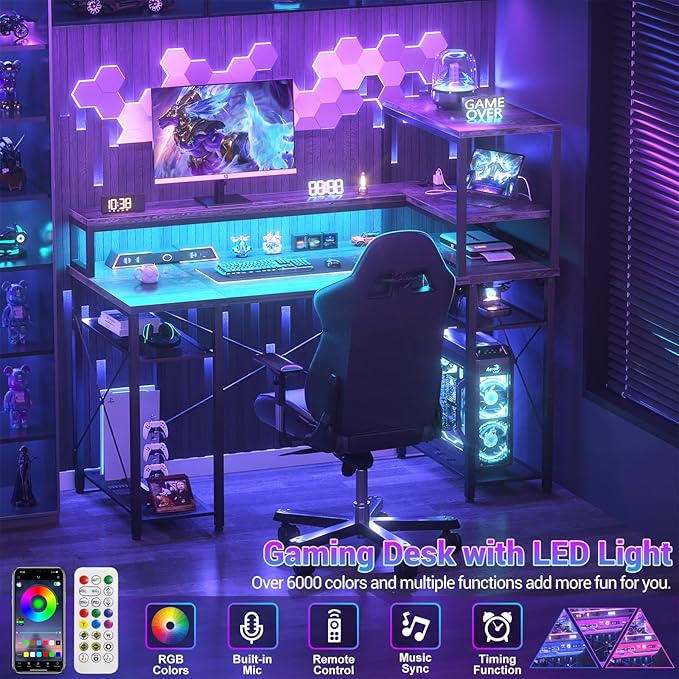 Cyclysio Gaming Desk with LED Light, 47 inch Computer Desk with Storage Shelves, Adjustable Home Office Desk with Power Outlets, Computer Gaming Desk with Long Monitor Stand for Small Space, Grey - LeafyLoom