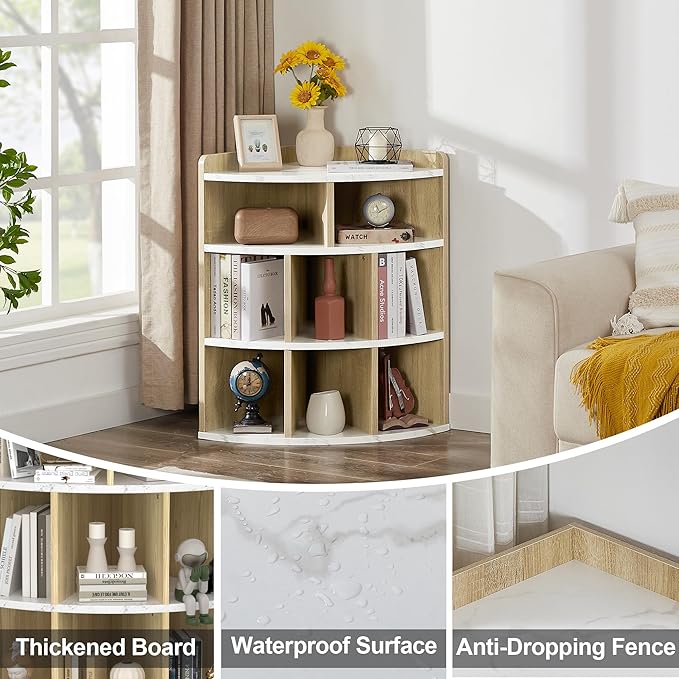 Vecelo 3-Tier Corner Cabinet with 8 Cubbies, Wooden Cube Storage Organizer, Modern Bookshelf Units for Playroom, Bedroom, Living Room, Marble White - LeafyLoom