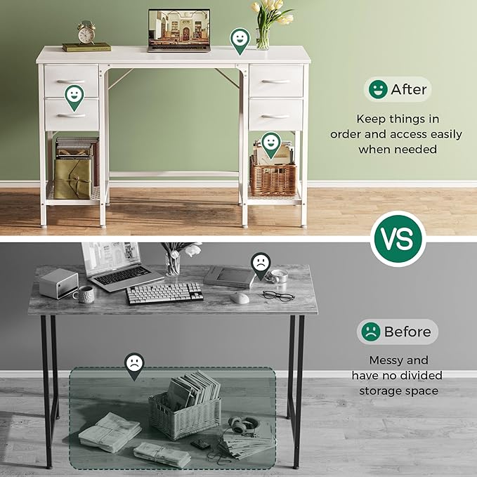 47 Inch Computer Desk with 4 Drawers, Office Desk with Mesh Shelf, Gaming Desk, Large Storage, Writing Desk Work Desk for Home Office, Study, Bedroom, Work from Home, White - LeafyLoom