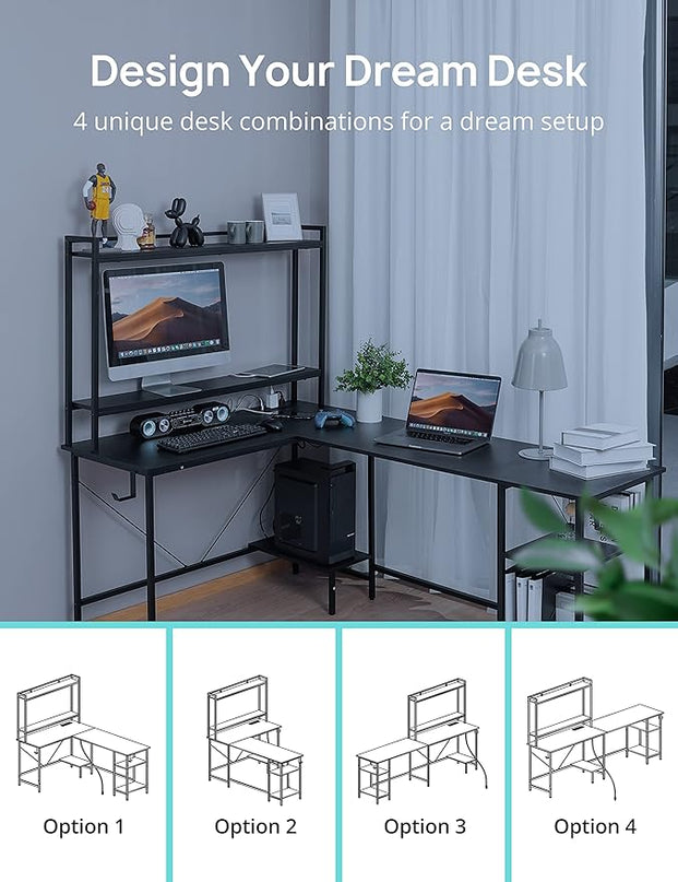 Evajoy L Shaped Computer Desk with Power Outlets and USB Ports, Reversible L-Shaped Corner Gaming Desk with Storage Shelves, 94.5’’ Industrial 2 Person Home Office Desk with Monitor Stand for Home - LeafyLoom