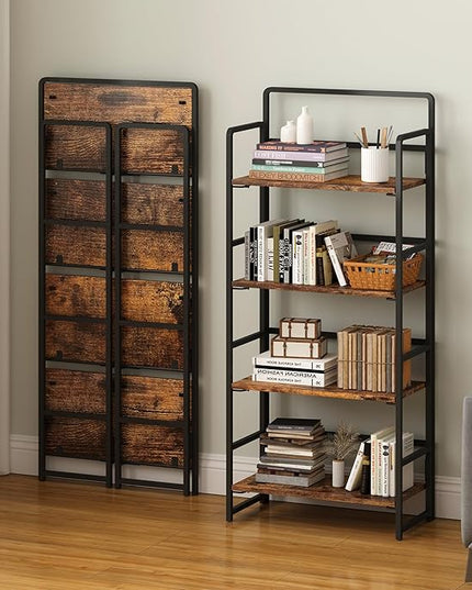 4NM No-Assembly 4 Tiers Folding Bookshelf Storage Shelves Vintage Bookcase Standing Racks Study Organizer Home Office (Rustic Brown and Black) - LeafyLoom
