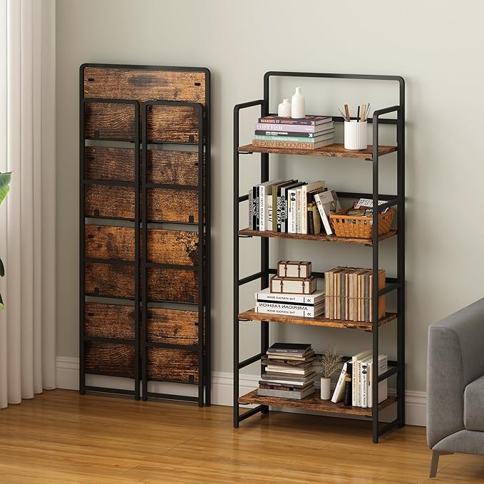 4NM No-Assembly 4 Tiers Folding Bookshelf Storage Shelves Vintage Bookcase Standing Racks Study Organizer Home Office (Rustic Brown and Black) - LeafyLoom
