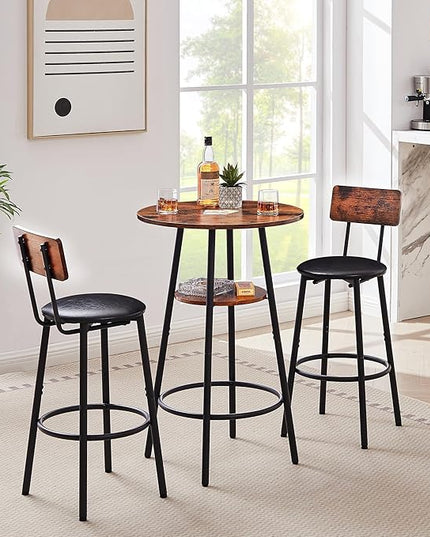 3 Pieces Bistro Table and Chairs Set, Industrial Counter Height Round Bar Table with Storage Shelf, 2 PU Upholstered Seat Stools with Backrest & Footrest, for Kitchen, Bar, Small Space, Rustic Brown - LeafyLoom