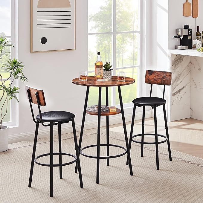 3 Pieces Bistro Table and Chairs Set, Industrial Counter Height Round Bar Table with Storage Shelf, 2 PU Upholstered Seat Stools with Backrest & Footrest, for Kitchen, Bar, Small Space, Rustic Brown - LeafyLoom