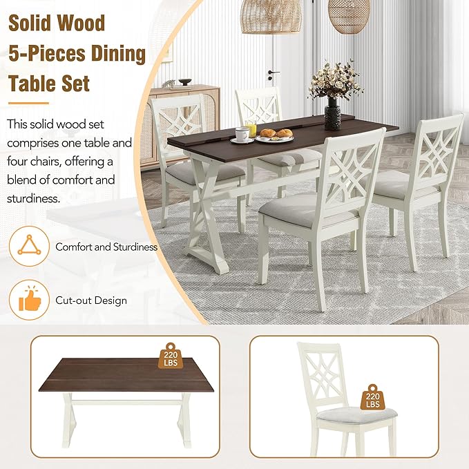 NicBex Small Kitchen Table Set for 4 Dining Room Set 5-Piece Extendable Rubber Wood Dining Table Set with X-Shape Legs for Small Space, Apartment, Studio, Beige - LeafyLoom