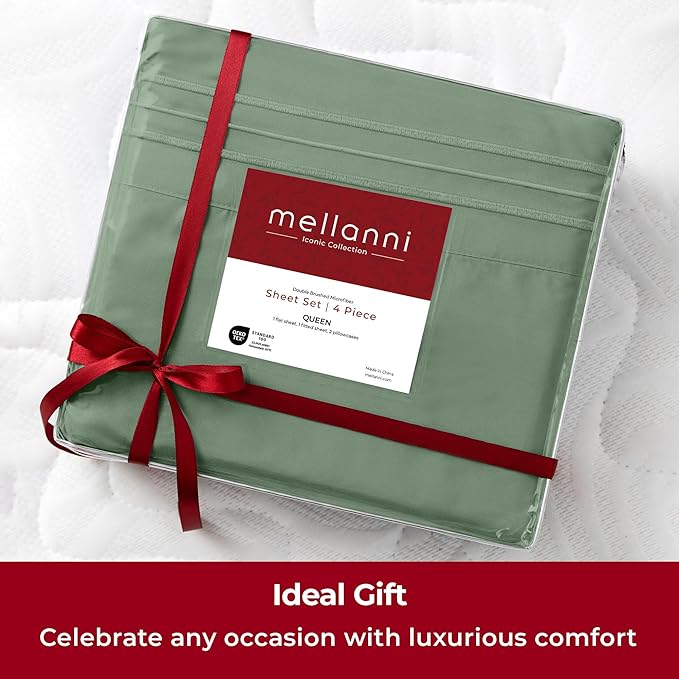 Mellanni Split King Sheets Set - 5 PC Iconic Collection Bedding Sheets & Pillowcases - Hotel Luxury, Extra Soft, Cooling Bed Sheets - Deep Pocket up to 16 inch (Split King, Sage) - LeafyLoom
