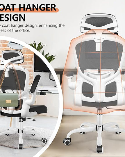 FelixKing Office Chair with Headrest, Ergonomic Desk Chair with Wheels, Task Swivel Comfy Chair with Adjustable Lumbar Support, Breathable Mesh Computer Chair with flip-up Armrests (White) - LeafyLoom