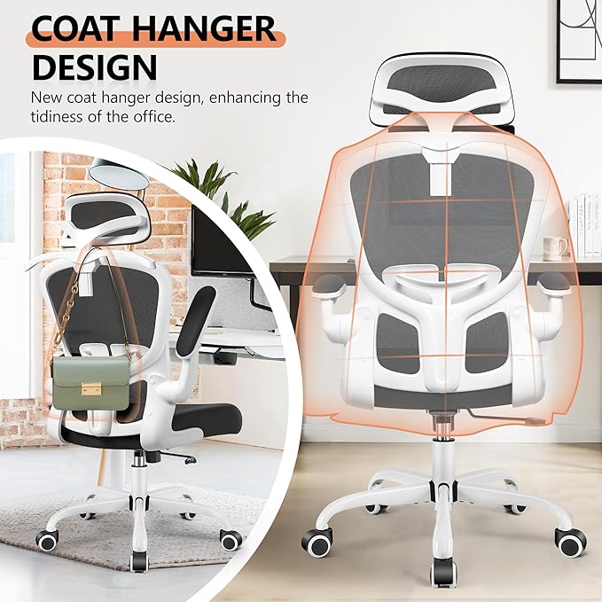 FelixKing Office Chair with Headrest, Ergonomic Desk Chair with Wheels, Task Swivel Comfy Chair with Adjustable Lumbar Support, Breathable Mesh Computer Chair with flip-up Armrests (White) - LeafyLoom