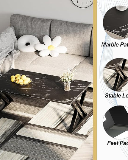 Coffee Table Living Room Table Black Center Table, Simple Modern Faux Marble Rectangular Tea Table with Sturdy Black-Finished Metal Frame,Industrial Wooden Coffee Table for Bedroom Home Office - LeafyLoom