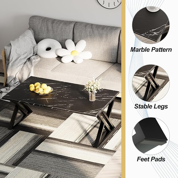 Coffee Table Living Room Table Black Center Table, Simple Modern Faux Marble Rectangular Tea Table with Sturdy Black-Finished Metal Frame,Industrial Wooden Coffee Table for Bedroom Home Office - LeafyLoom