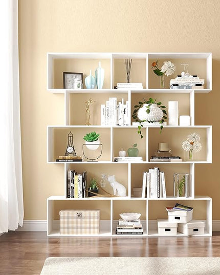Yusong Bookshelf 5-Tier, Geometric Bookcase S Shaped Book Shelves for Bedroom, Modern Wood Decorative Display Shelf Book Case for Home Office, White - LeafyLoom