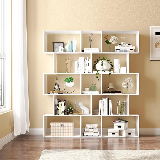 Yusong Bookshelf 5-Tier, Geometric Bookcase S Shaped Book Shelves for Bedroom, Modern Wood Decorative Display Shelf Book Case for Home Office, White - LeafyLoom