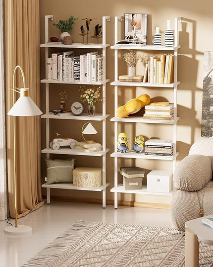 aboxoo Ladder Shelf White Wooden Bookshelf 5-Tier Wall-Mounted Open Wood Rack Industrial Modern Plant Flower Stand Utility Organizer Bookcase Metal Frame Furniture Office Kitchen Bedroom - LeafyLoom