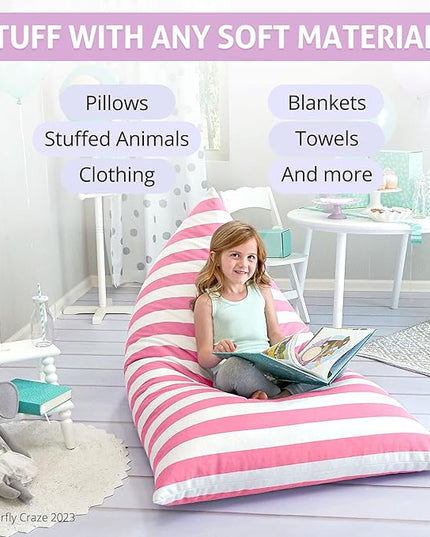 Butterfly Craze Bean Bag Chair Cover, Functional Toddler Toy Organizer, Fill with Stuffed Animals to Create a Jumbo, Comfy Floor Lounger for Boys or Girls, Stuffing Not Included, Light Pink Stripes - LeafyLoom
