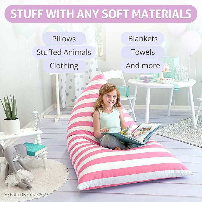 Butterfly Craze Bean Bag Chair Cover, Functional Toddler Toy Organizer, Fill with Stuffed Animals to Create a Jumbo, Comfy Floor Lounger for Boys or Girls, Stuffing Not Included, Light Pink Stripes - LeafyLoom