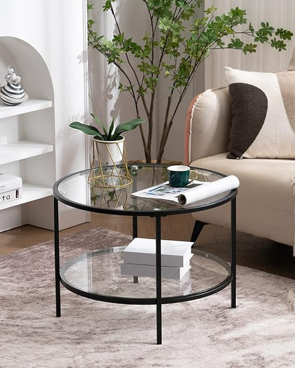 VINGLI 25.6" Round Black Coffee Tables for Living Room, 2-Tier Glass Top Coffee Table with Storage Clear Coffee, Simple & Modern Center Table for Small Space - LeafyLoom