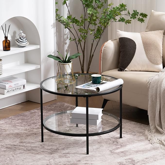VINGLI 25.6" Round Black Coffee Tables for Living Room, 2-Tier Glass Top Coffee Table with Storage Clear Coffee, Simple & Modern Center Table for Small Space - LeafyLoom