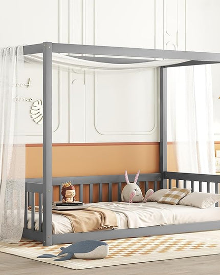 Twin Size Canopy Bed Frame with Guardrails for Kids,Floor Bed Twin with Four Poster Design,Kids Montessori Floor Bed,Wood Canopy Bed Frame for Girls,Boys(Twin,Grey) - LeafyLoom
