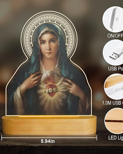 Virgin Mary Gifts for Women, Immaculate Heart of Mother Mary Pictures, Heart of Mary Catholic Gifts Night Light for Home Decor, Christian Religious Blessed Baptize Gifts for Mum Grandma Lady - LeafyLoom