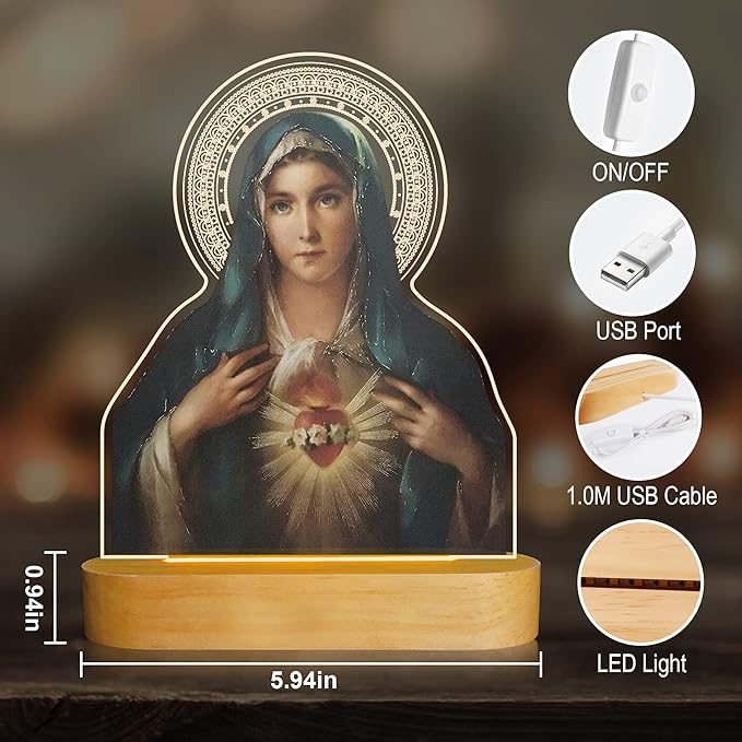 Virgin Mary Gifts for Women, Immaculate Heart of Mother Mary Pictures, Heart of Mary Catholic Gifts Night Light for Home Decor, Christian Religious Blessed Baptize Gifts for Mum Grandma Lady - LeafyLoom