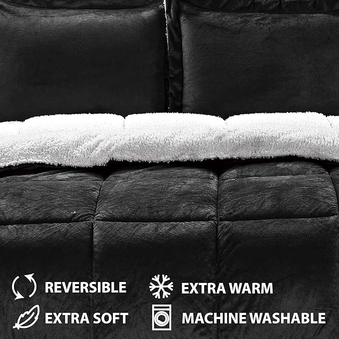 Cathay Home Twin Comforter Set: Ultra Soft and Plush Reversible Micromink and Sherpa 2-Piece Bedding Set, Black, Twin (66" x 86") - LeafyLoom