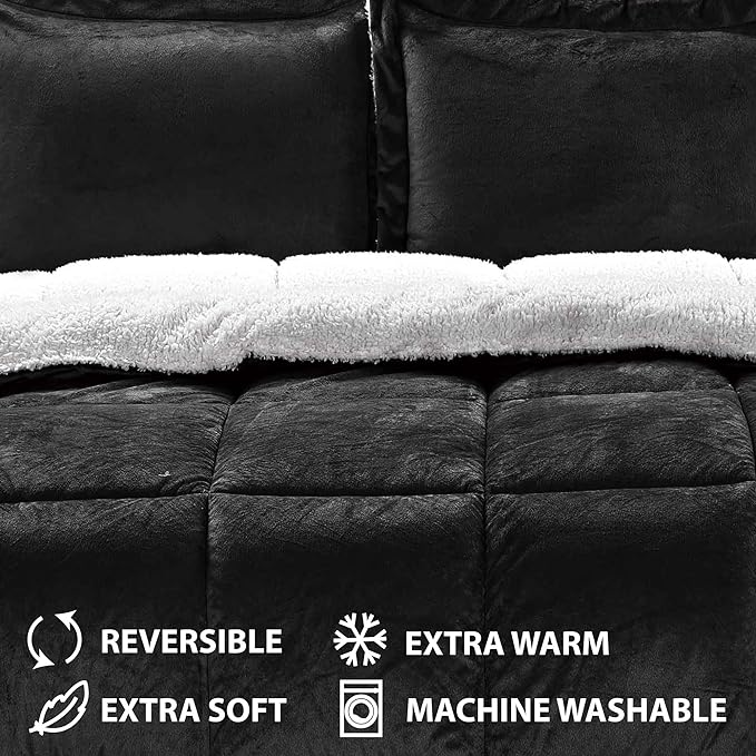 Cathay Home Full Comforter Set: Ultra Soft and Plush Reversible Micromink and Sherpa 3-Piece Bedding Set, Black, Full (76" x 86") - LeafyLoom