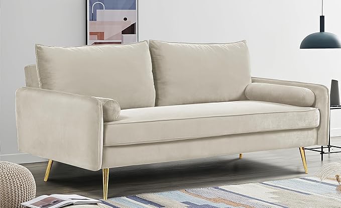 Kent Modern Sofa, European Style Velvet Living Room Furniture with Tapered Legs, Vintage Flair, and Sleek Design, Ivory - LeafyLoom
