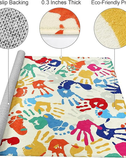 Large Kids Rug for Playroom, 8'x10' Handprints and Footprints Colorful Rug for Classroom, Non-Slip Washable Rug for Nursery, Soft Throw Carpet Indoor Playmat for Kids Room Dorm Bedroom - LeafyLoom