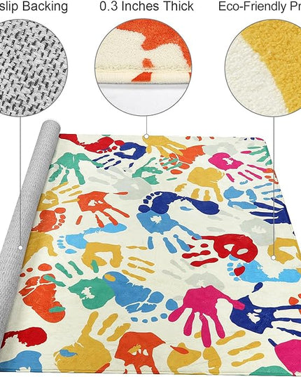 Large Colorful Kids Rug 6x9 Ft, Non-Slip Washable Rug for Classroom, Handprints and Footprints Rugs for Playroom, Soft Nursery Rug Indoor Play Mat for Kids Room Daycare School - LeafyLoom